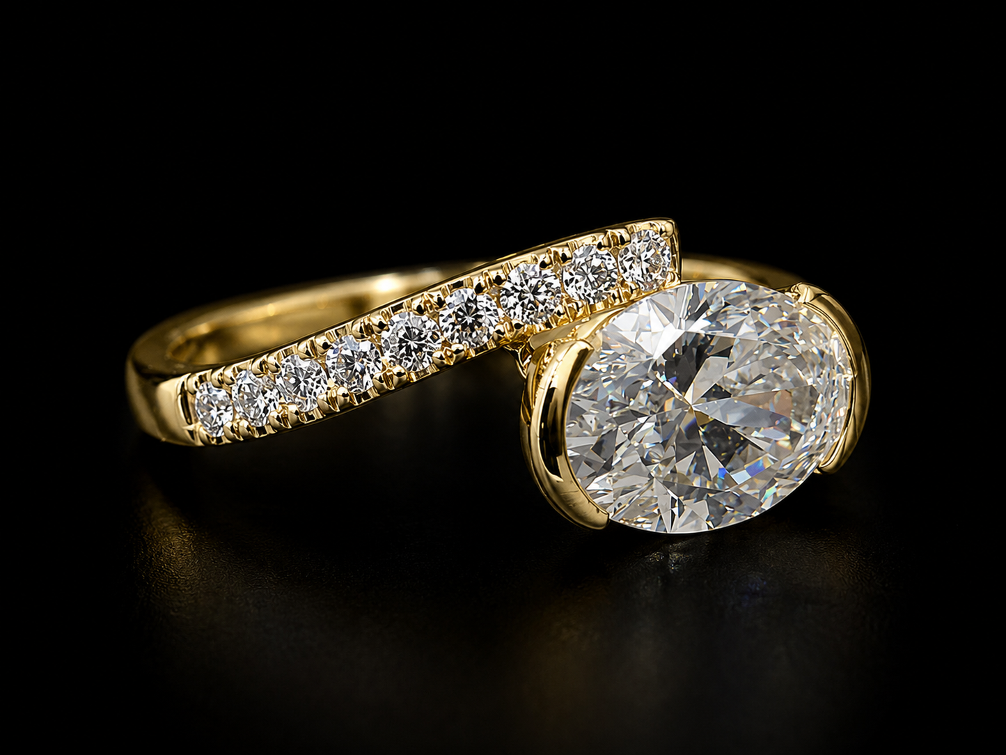 14K Gold Oval Lab Diamond Bypass Engagement Ring – IGI Certified | 0.13ct Pavé Diamond Band