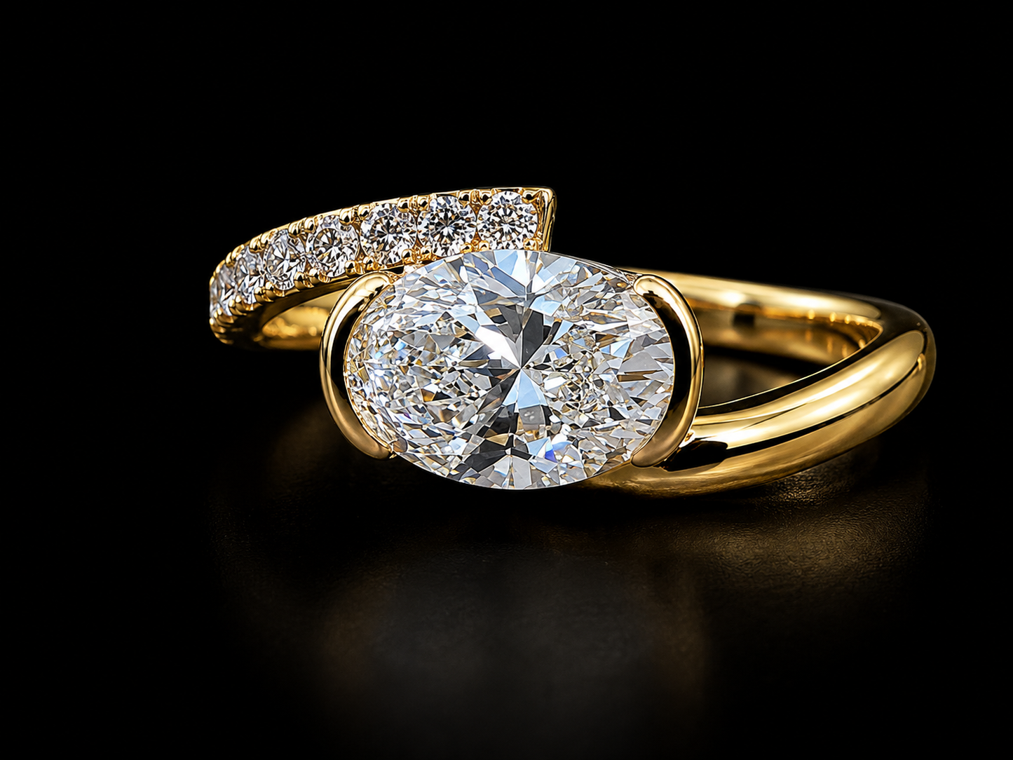 14K Gold Oval Lab Diamond Bypass Engagement Ring – IGI Certified | 0.13ct Pavé Diamond Band