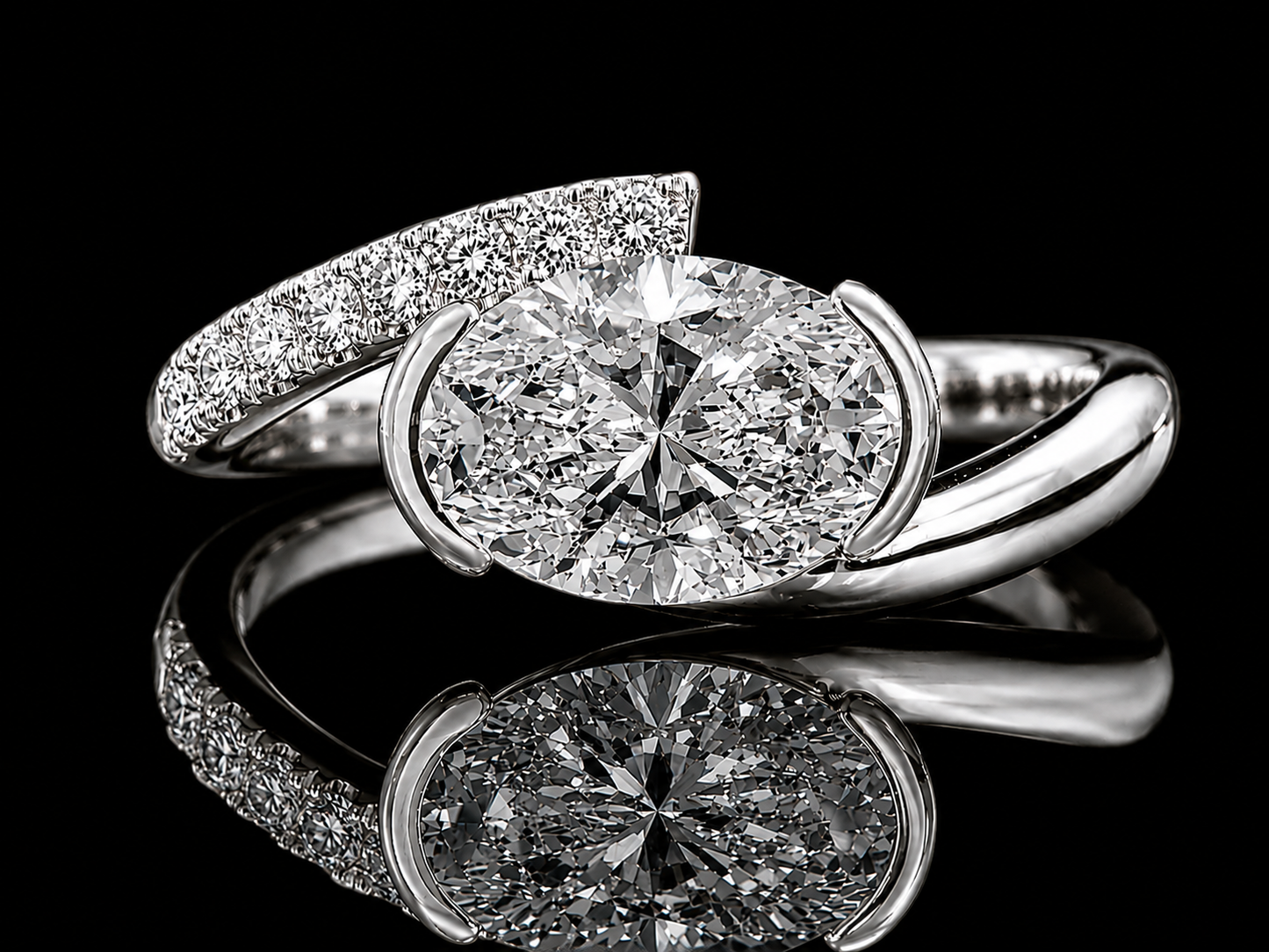 14K Gold Oval Lab Diamond Bypass Engagement Ring – IGI Certified | 0.13ct Pavé Diamond Band