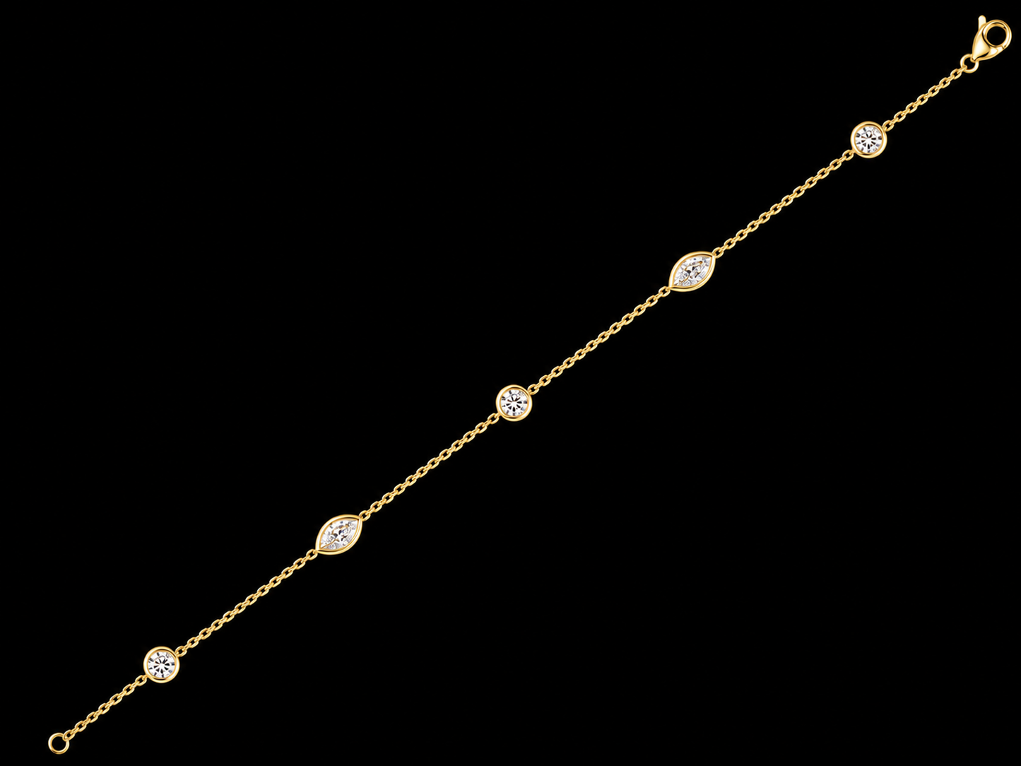 PULSERA DE ORO AMARILLO DE 14 K CON 5 TRÉBOLES Y DIAMANTES