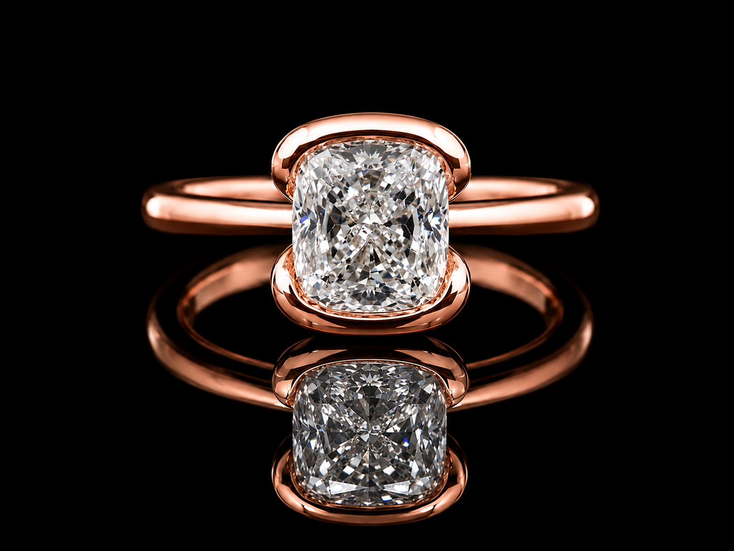 2.02 Ct Cushion Cut VVS E Bezel Set Gold Engagement Ring | Modern Solitaire | 9.6 × 8.5 mm Head