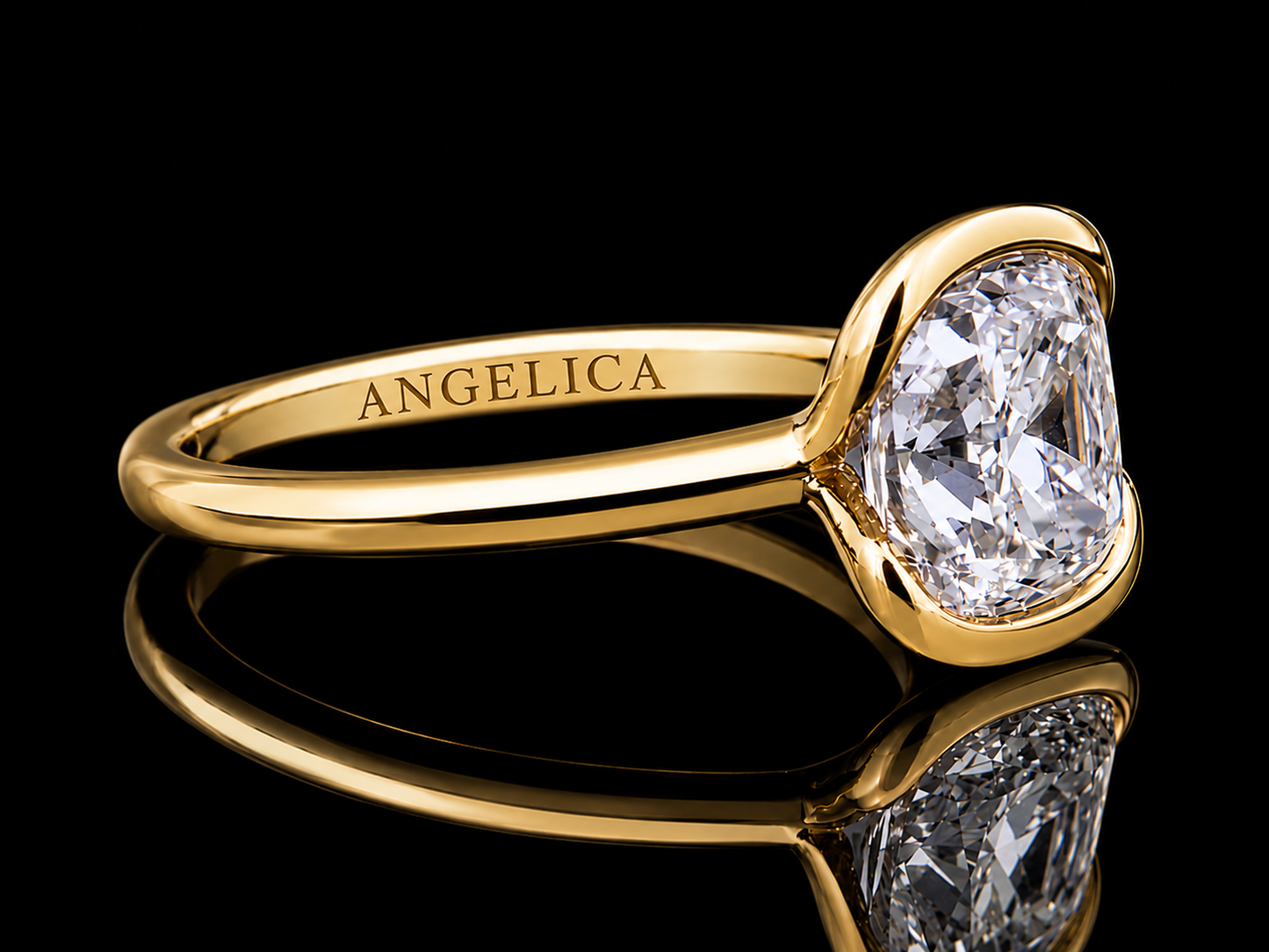 2.02 Ct Cushion Cut VVS E Bezel Set Gold Engagement Ring | Modern Solitaire | 9.6 × 8.5 mm Head