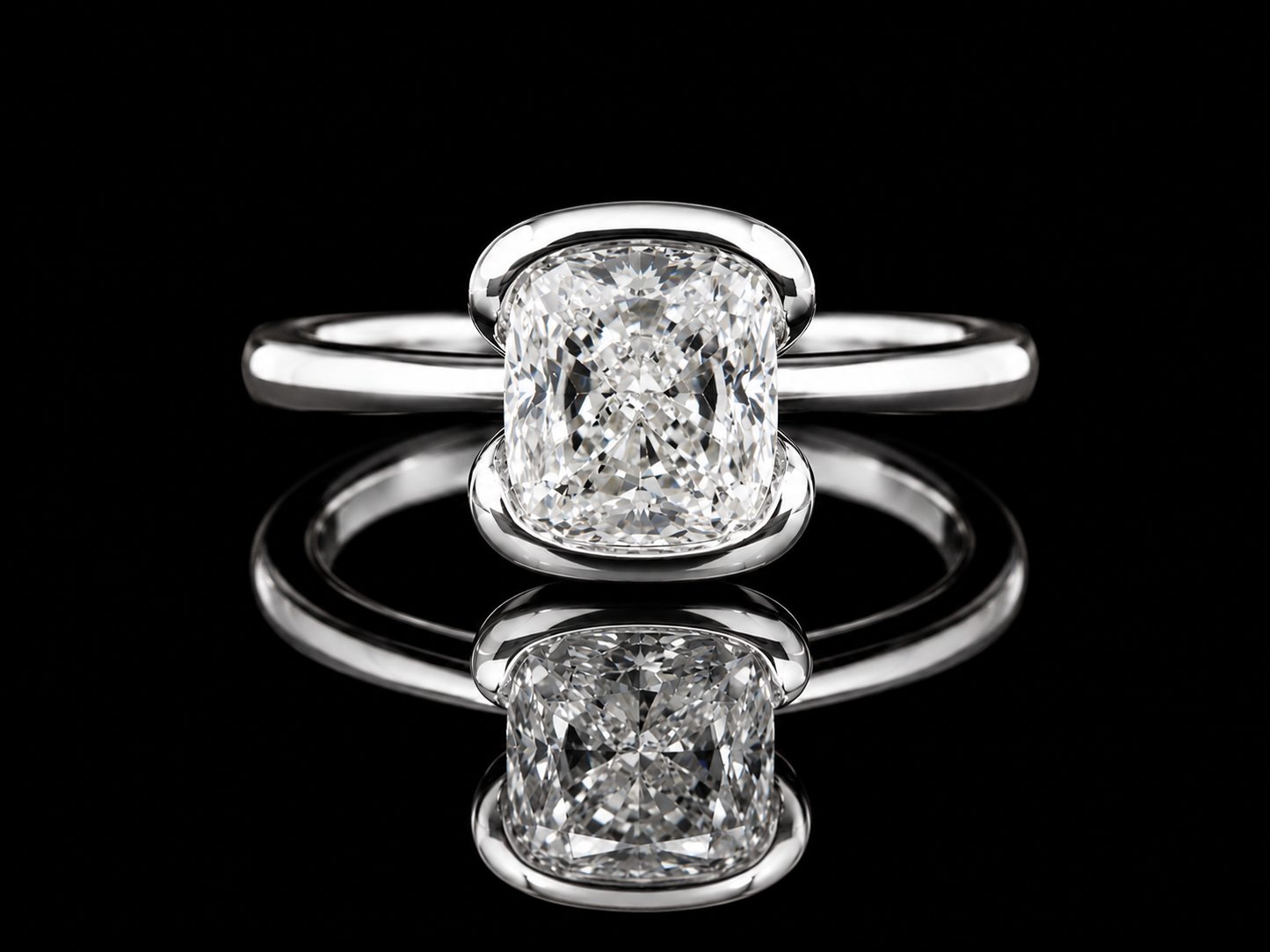 2.02 Ct Cushion Cut VVS E Bezel Set Gold Engagement Ring | Modern Solitaire | 9.6 × 8.5 mm Head