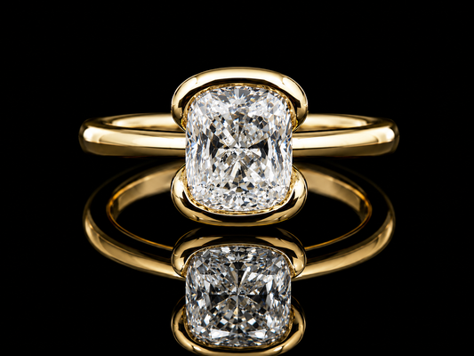 2.02 Ct Cushion Cut VVS E Bezel Set Gold Engagement Ring | Modern Solitaire | 9.6 × 8.5 mm Head