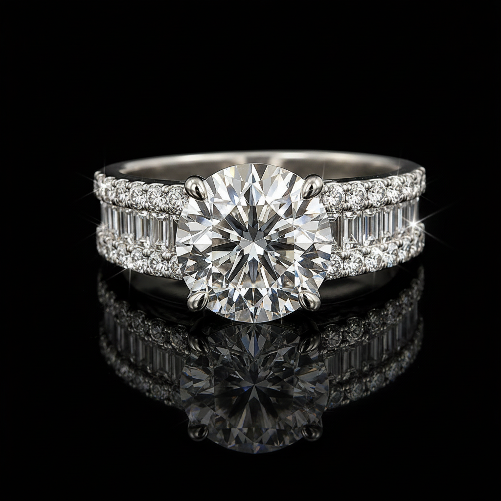 14K Gold 3.00 Carat Round Lab-Grown Diamond Engagement Ring | VS1 E | 1.00 CTW Baguette & Round Side Diamonds
