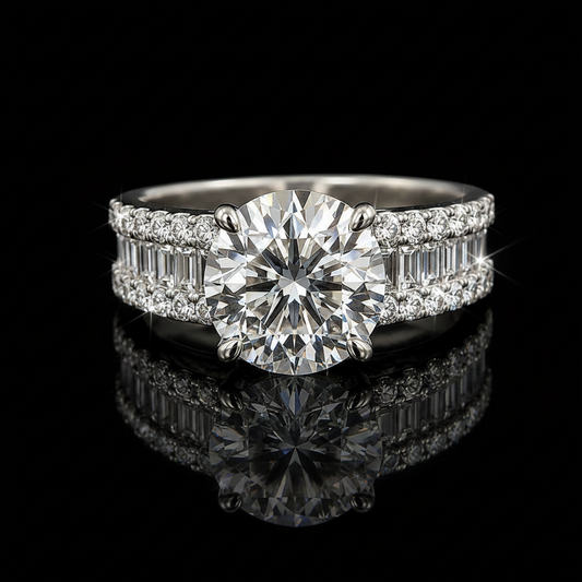 14K Gold 3.00 Carat Round Lab-Grown Diamond Engagement Ring | VS1 E | 1.00 CTW Baguette & Round Side Diamonds