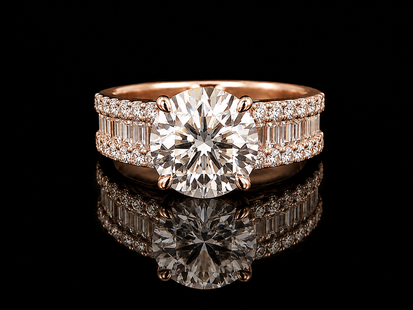 14K Gold 3.00 Carat Round Lab-Grown Diamond Engagement Ring | VS1 E | 1.00 CTW Baguette & Round Side Diamonds