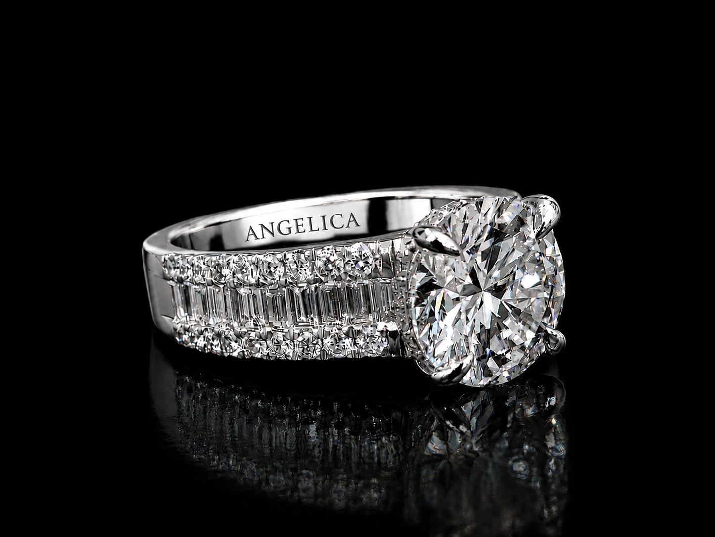 14K Gold 3.00 Carat Round Lab-Grown Diamond Engagement Ring | VS1 E | 1.00 CTW Baguette & Round Side Diamonds