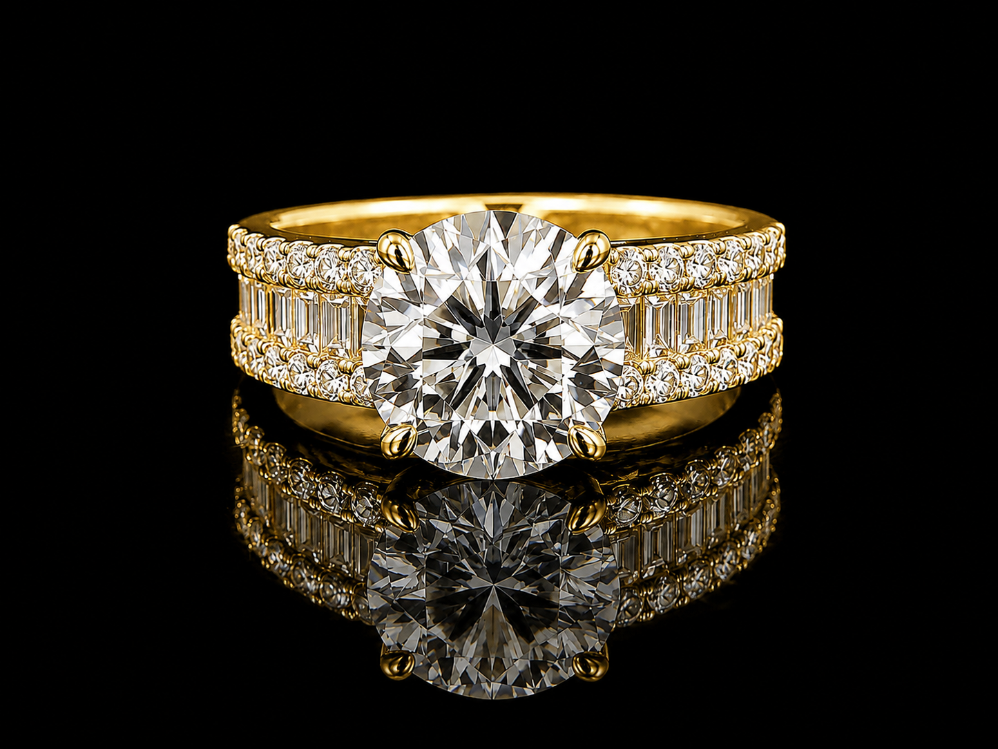 14K Gold 3.00 Carat Round Lab-Grown Diamond Engagement Ring | VS1 E | 1.00 CTW Baguette & Round Side Diamonds