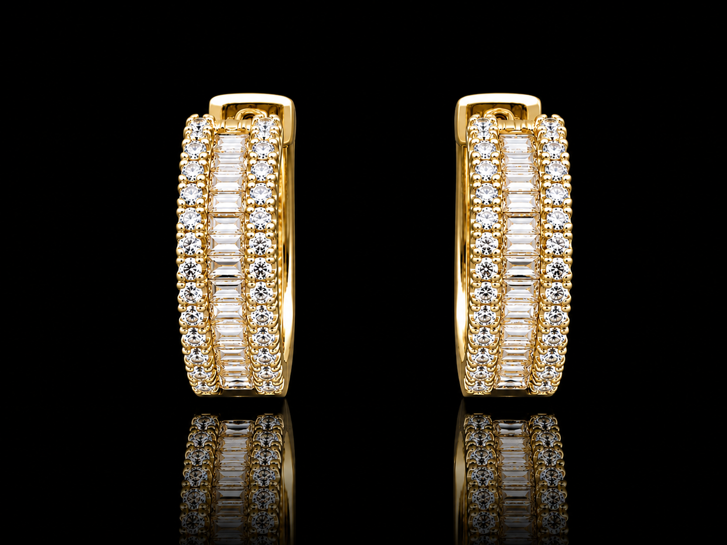 14K Yellow Gold Diamond Baguette & Round Diamond Hoop Earrings superbell