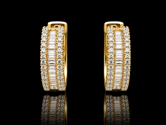 14K Yellow Gold Diamond Baguette & Round Diamond Hoop Earrings superbell