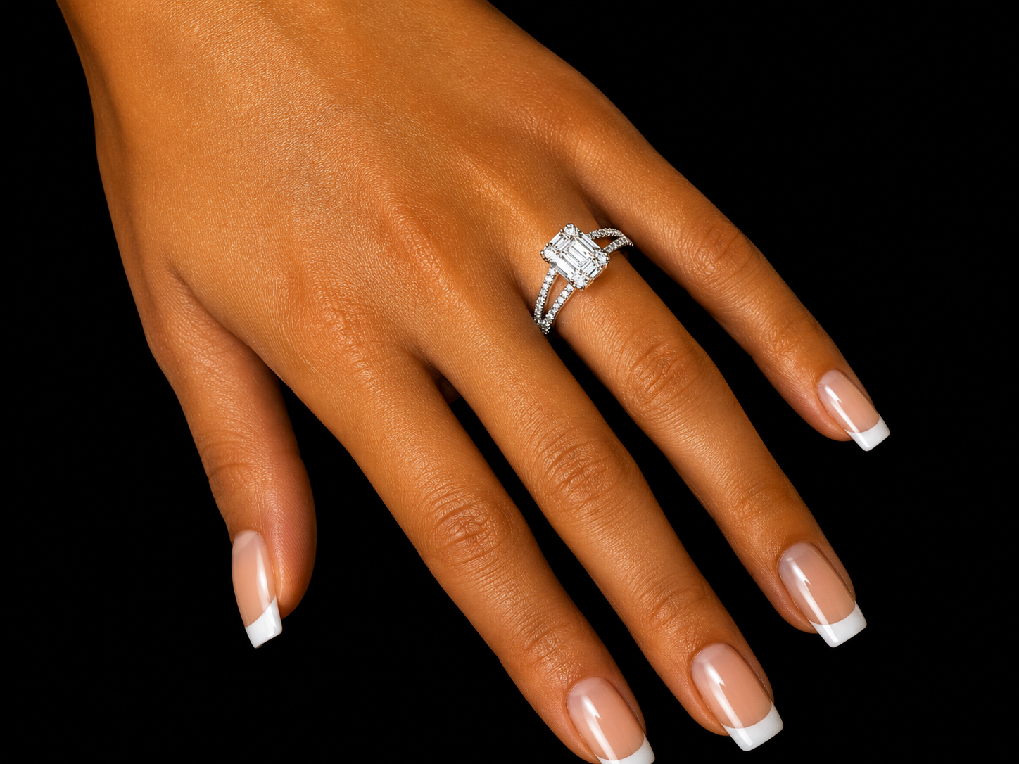 18K White Gold Natural Diamond Engagement Ring – Emerald & Round Diamond Trilogy Ring (0.64CT) (Copy) Angelica Jewellers