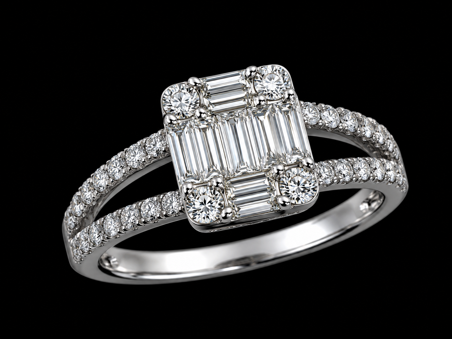 18K White Gold Natural Diamond Engagement Ring – Emerald & Round Diamond Trilogy Ring (0.64CT) (Copy) Angelica Jewellers