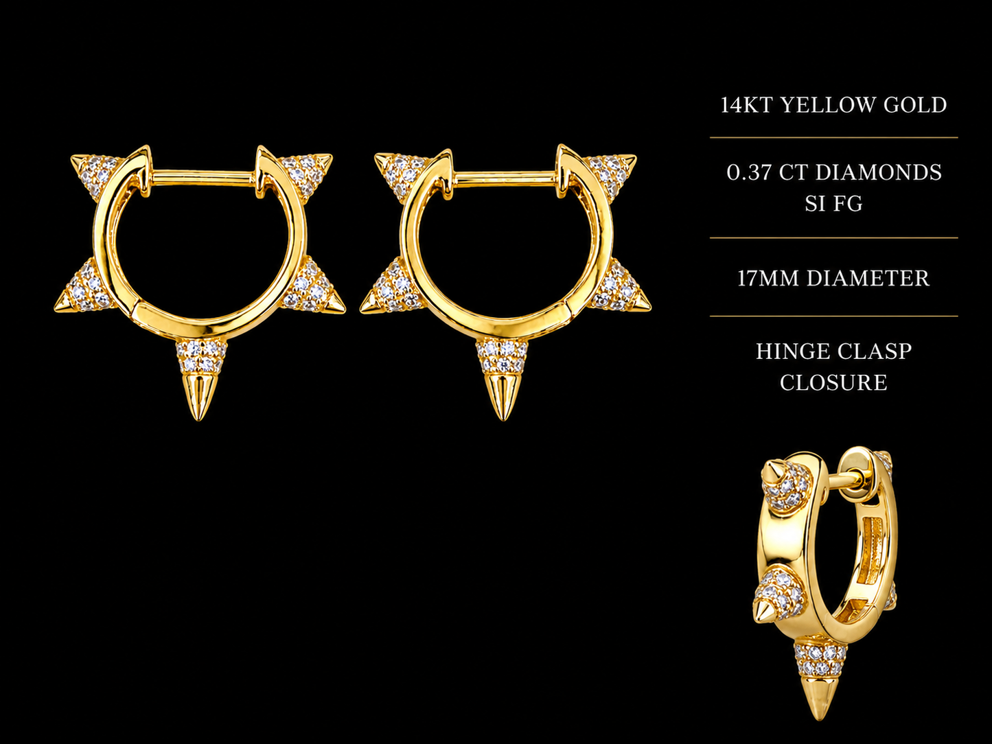 14K Yellow Gold Diamond Spike Hoop Earrings superbell