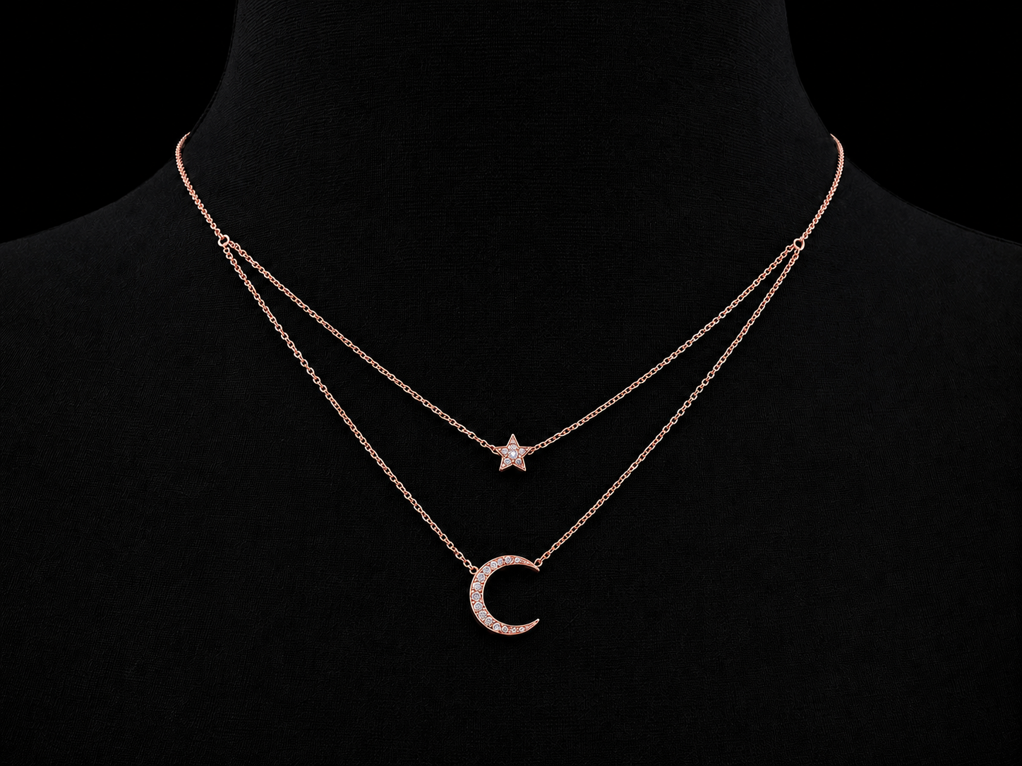 14K Rose Gold Diamond Moon & Star Layered Necklace – 0.17 CTW Natural Diamonds | SI Clarity, G-H Color Angelica Jewellers