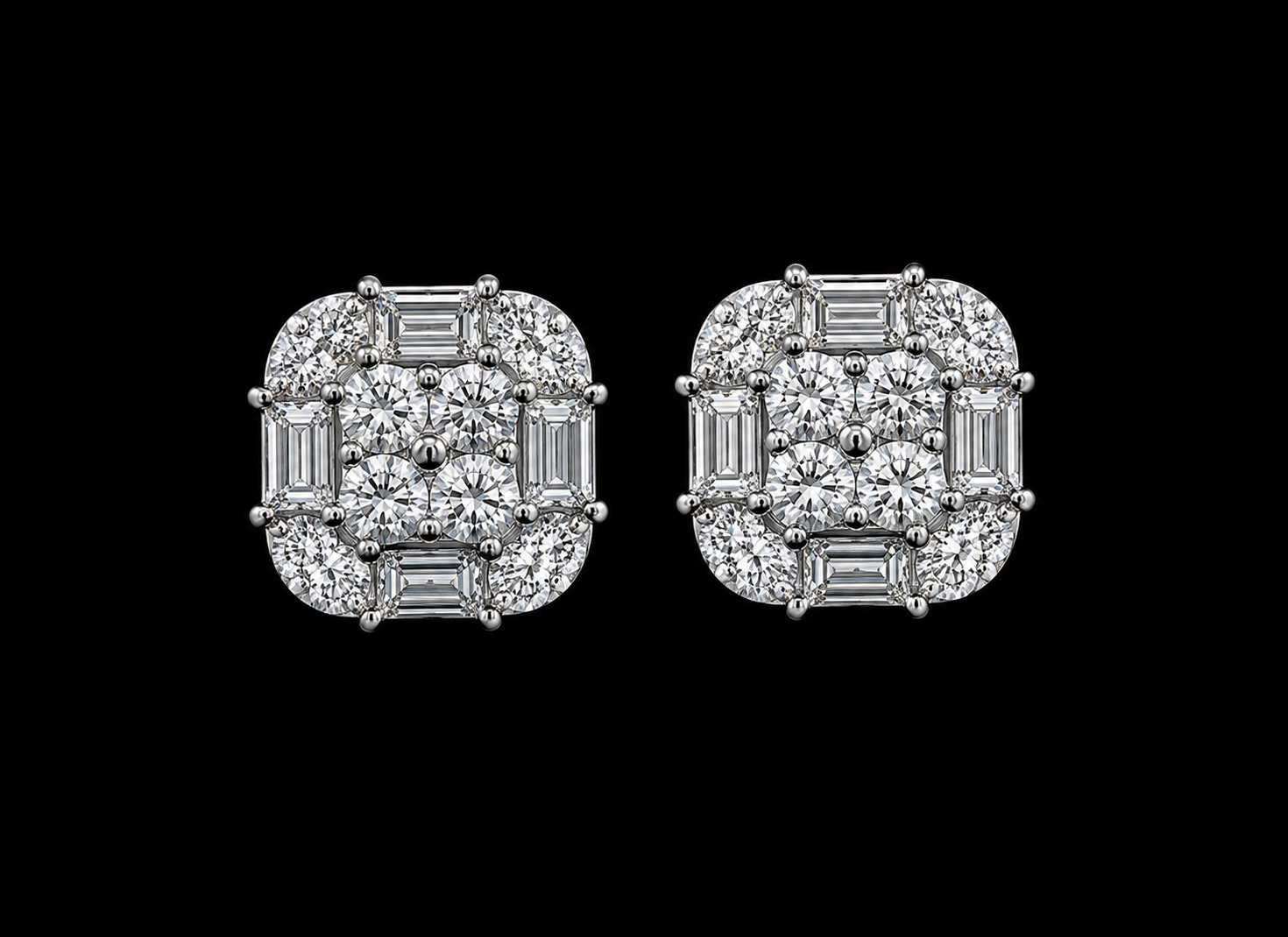 14K WHITE GOLD ROUND, BAGUETTES & MARQUISE DIAMOND EARRINGS Angelica Jewellers X Waves