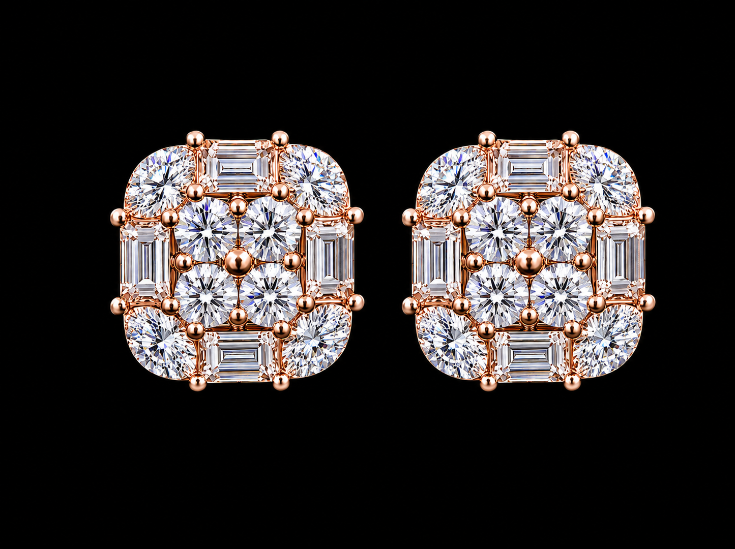 14K ROSE GOLD ROUND, BAGUETTES & MARQUISE DIAMOND EARRINGS Angelica Jewellers X Waves