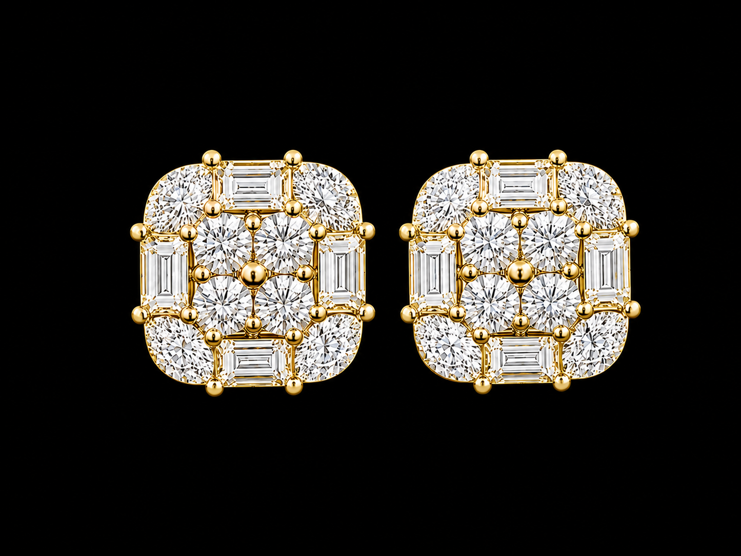 14K Yellow Gold Round, Baguette &amp; Marquise Diamond Earrings – 1.40 CT VVS F+ Angelica Jewellers
