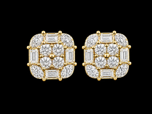 14K Yellow Gold Round, Baguette &amp; Marquise Diamond Earrings – 1.40 CT VVS F+ Angelica Jewellers