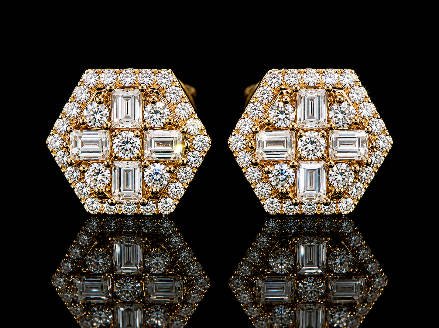 14K Yellow Gold Octagonal Baguette &amp; Round Diamond Stud Earrings – 0.65 CT VVS F+ Angelica Jewellers X Waves