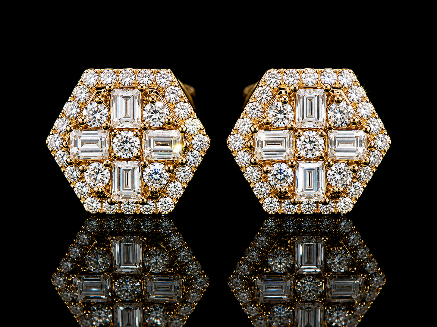 14K Yellow Gold Octagonal Baguette &amp; Round Diamond Stud Earrings – 0.65 CT VVS F+ Angelica Jewellers X Waves