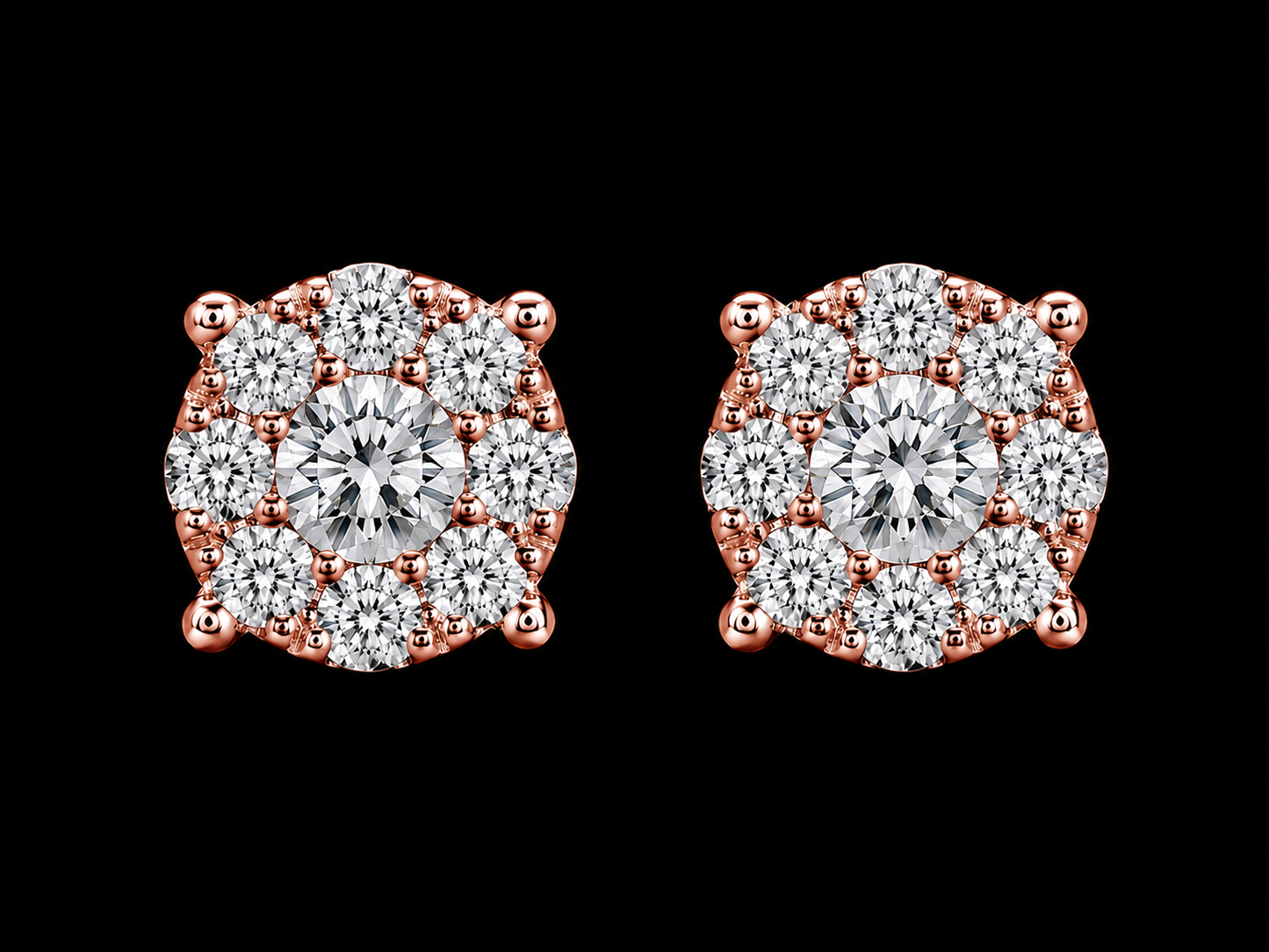 14K Rose Gold Round Diamond Cluster Stud Earrings – 0.30 CT VVS F+ Angelica Jewellers X Waves