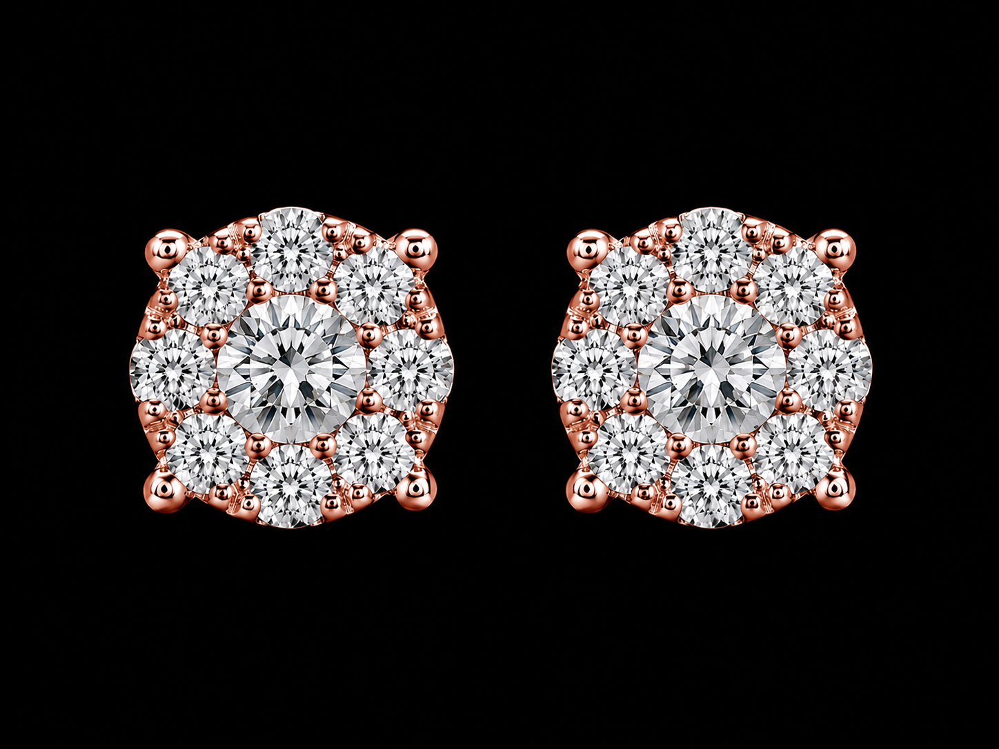 14K Rose Gold Round Diamond Cluster Stud Earrings – 0.30 CT VVS F+ Angelica Jewellers X Waves