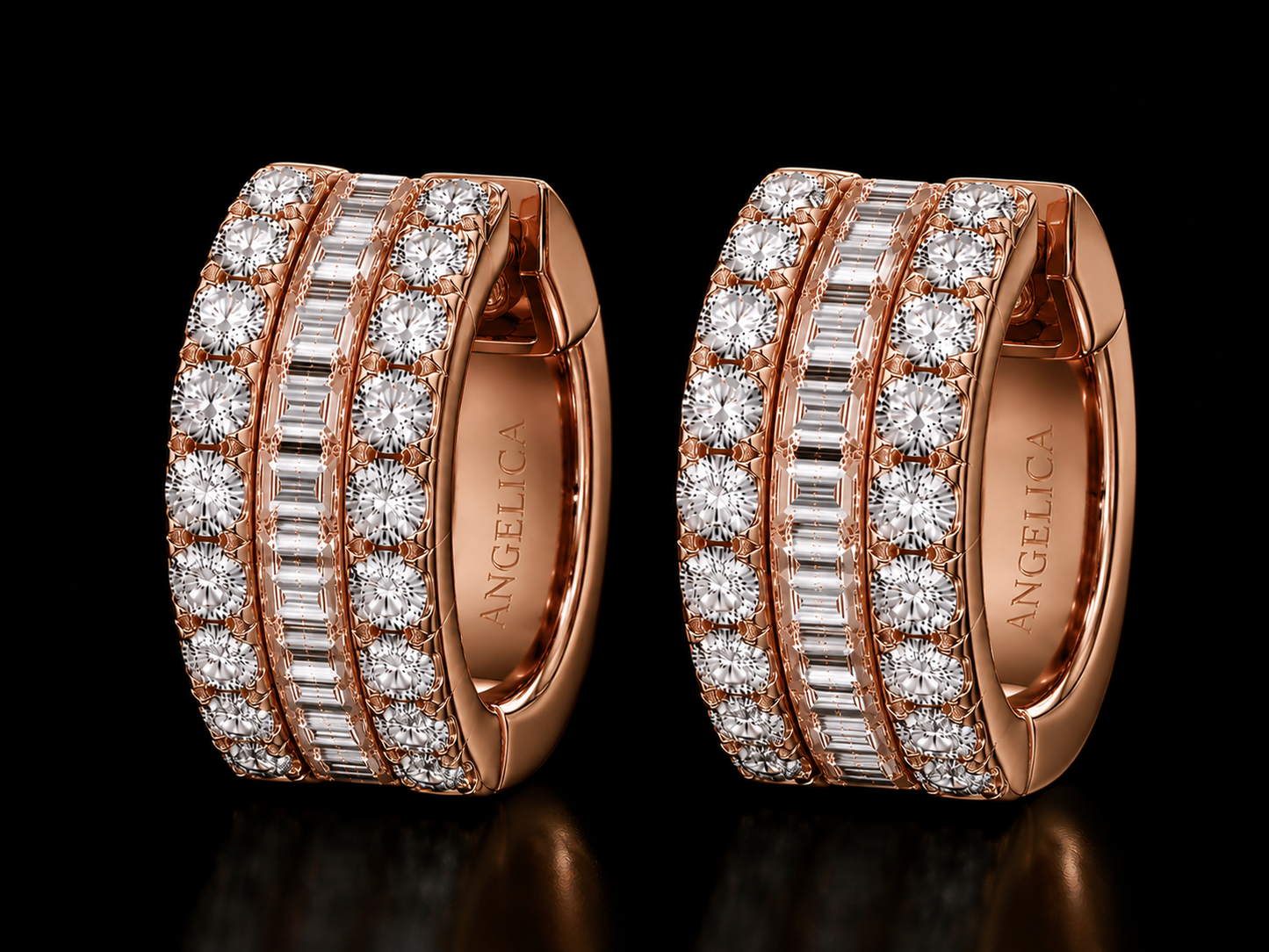 14K Rose Gold Round  Baguette Diamond Hoop Earrings – 1.50 CT VVS F+ Angelica Jewellers X Waves