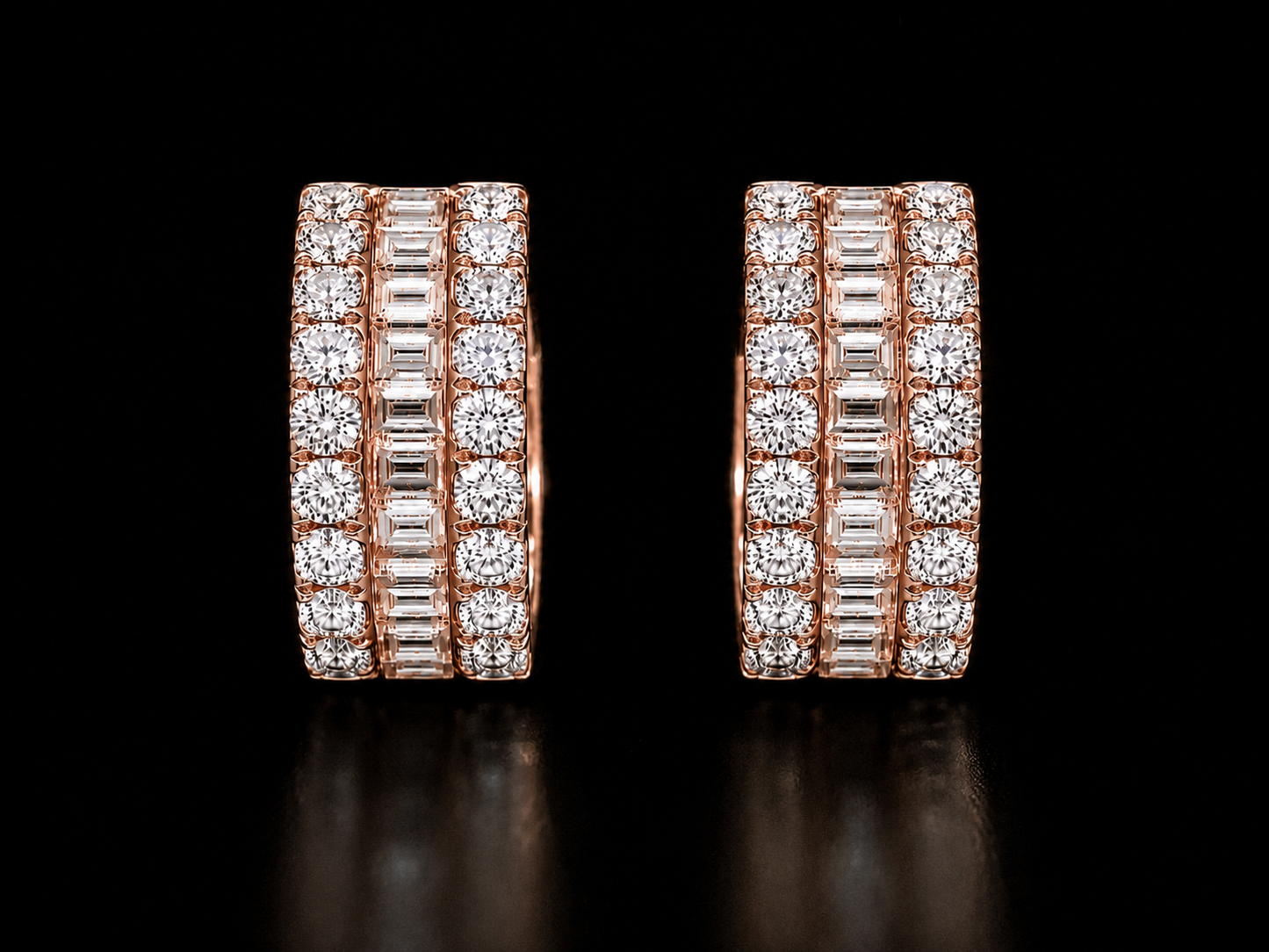 14K Rose Gold Round  Baguette Diamond Hoop Earrings – 1.50 CT VVS F+ Angelica Jewellers X Waves