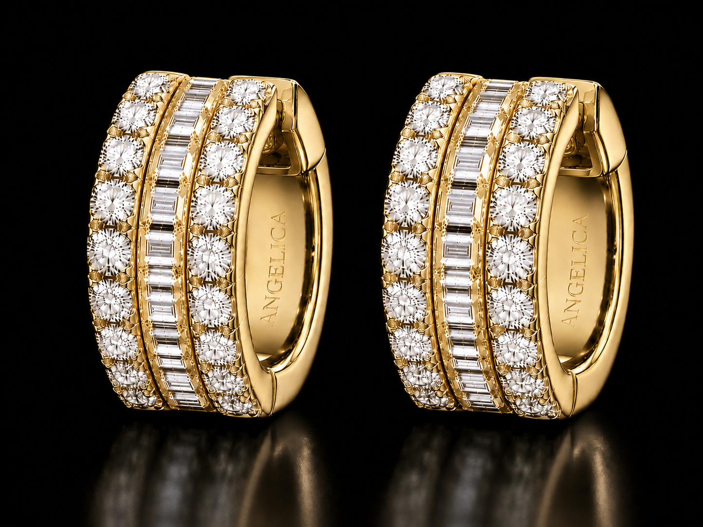 14K Yellow Gold Round & Baguette Diamond Hoop Earrings – 1.50 CT VVS F+ Angelica Jewellers X Waves
