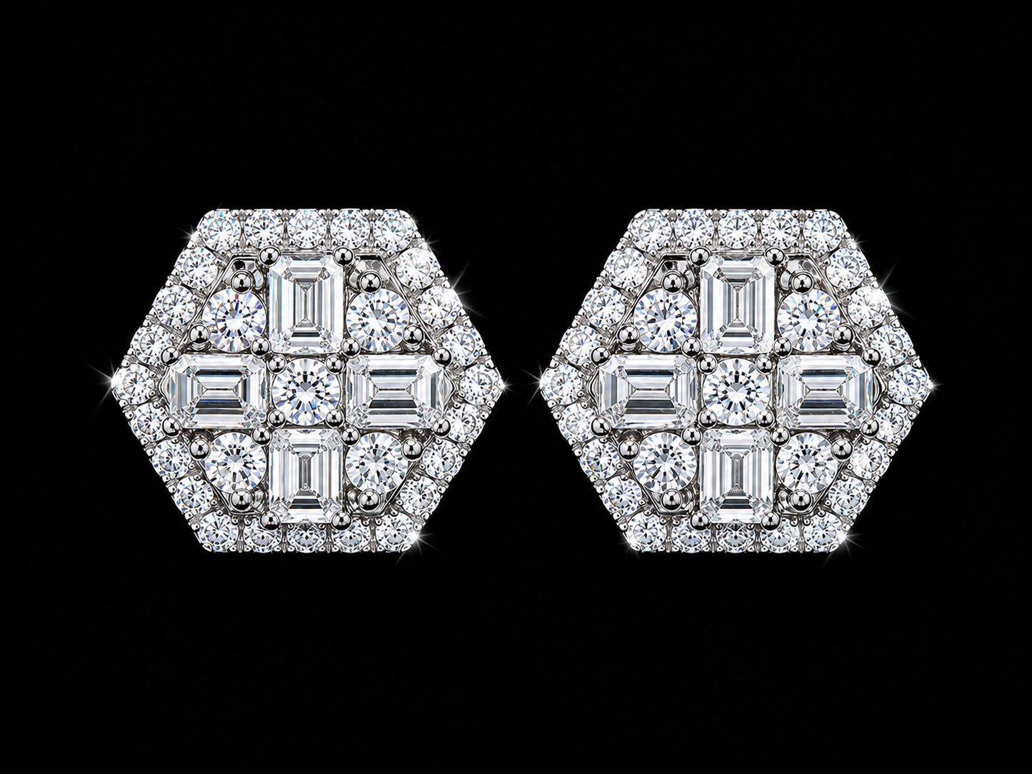 14K White Gold Octagonal Baguette &amp; Round Diamond Earrings – 0.65 CT VVS F+ Angelica Jewellers X Waves