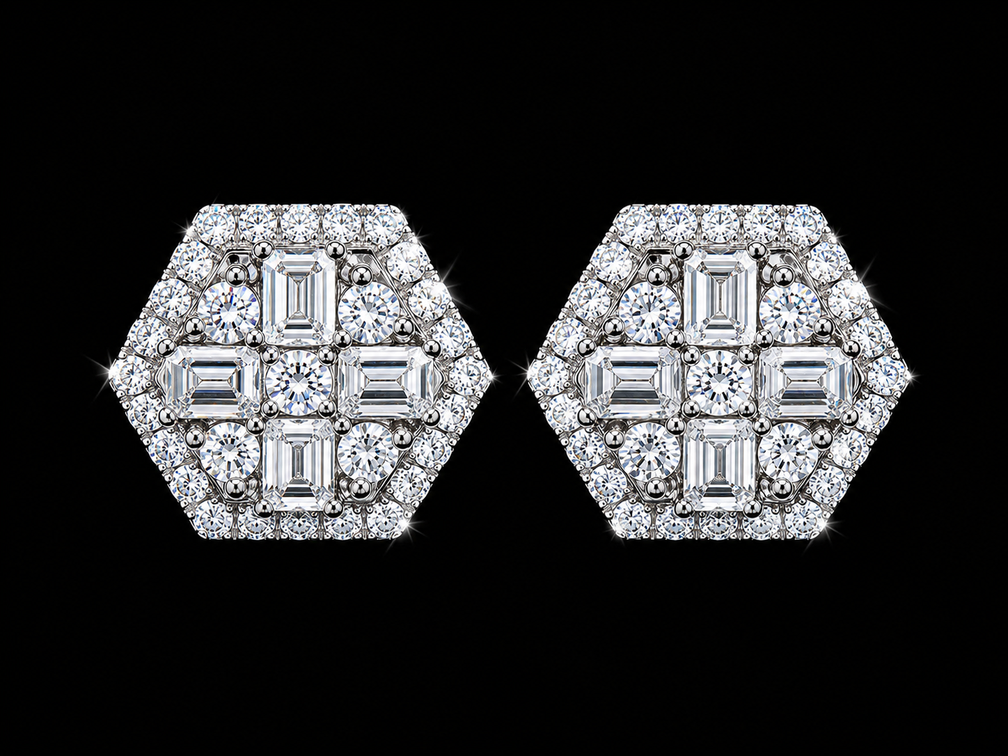 14K White Gold Octagonal Baguette &amp; Round Diamond Earrings – 0.65 CT VVS F+ Angelica Jewellers X Waves