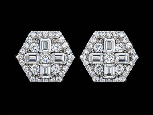 14K White Gold Octagonal Baguette &amp; Round Diamond Earrings – 0.65 CT VVS F+ Angelica Jewellers