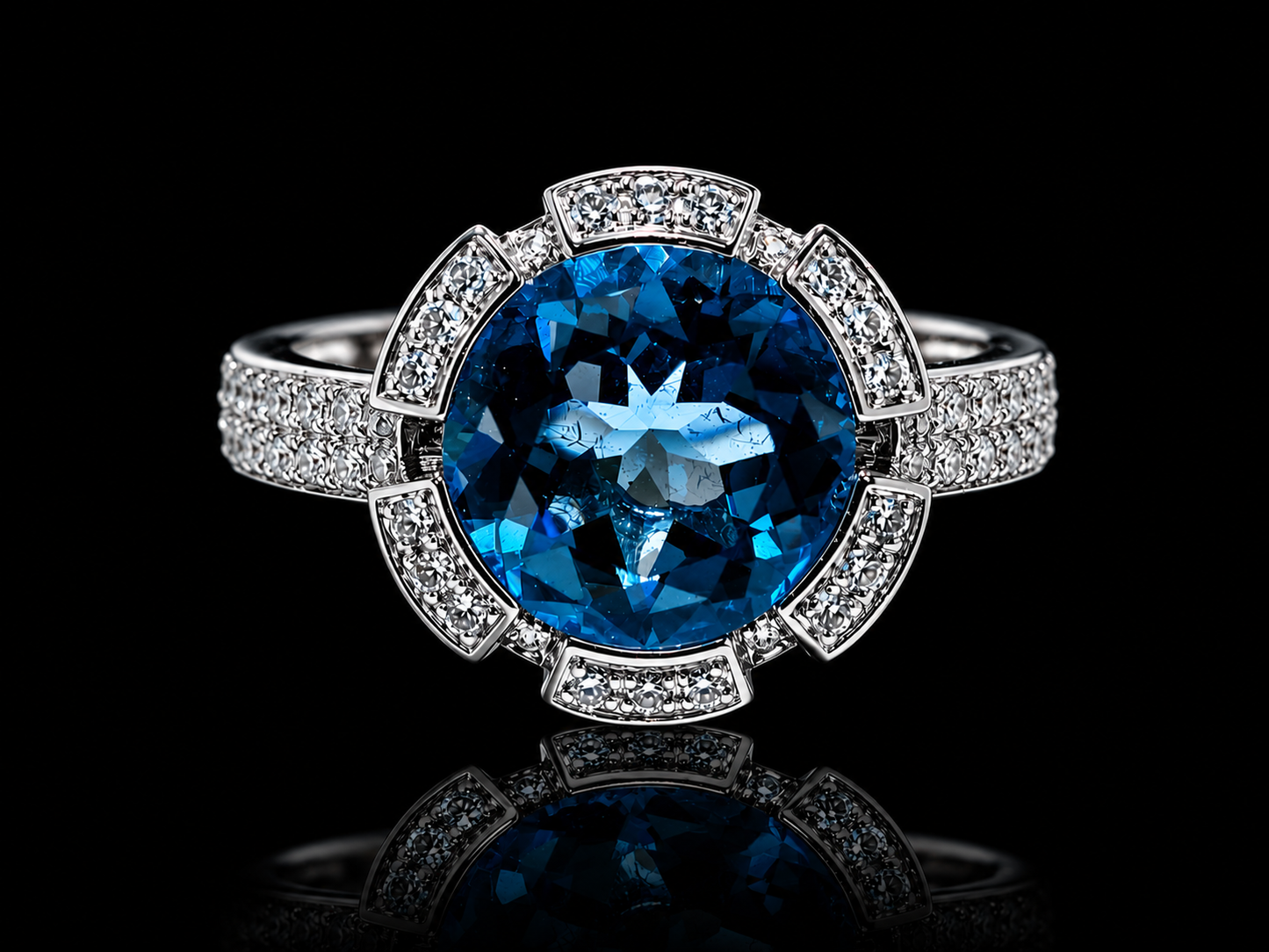 18K White Gold Floral Blue Topaz & Diamond Ring