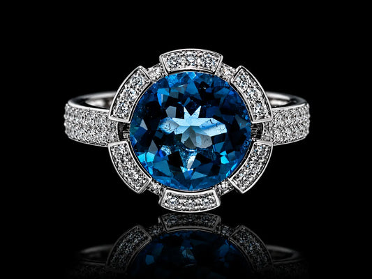 18K White Gold Floral Blue Topaz & Diamond Ring Angelica Jewellers