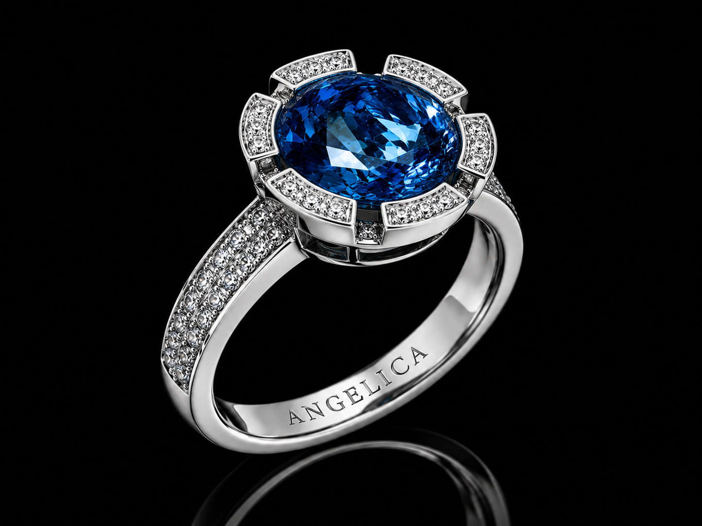 18K White Gold Floral Blue Topaz & Diamond Ring