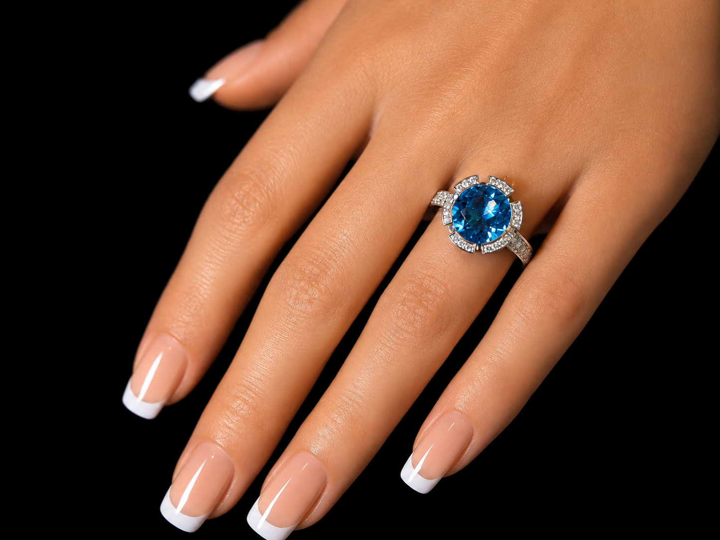 18K White Gold Floral Blue Topaz & Diamond Ring