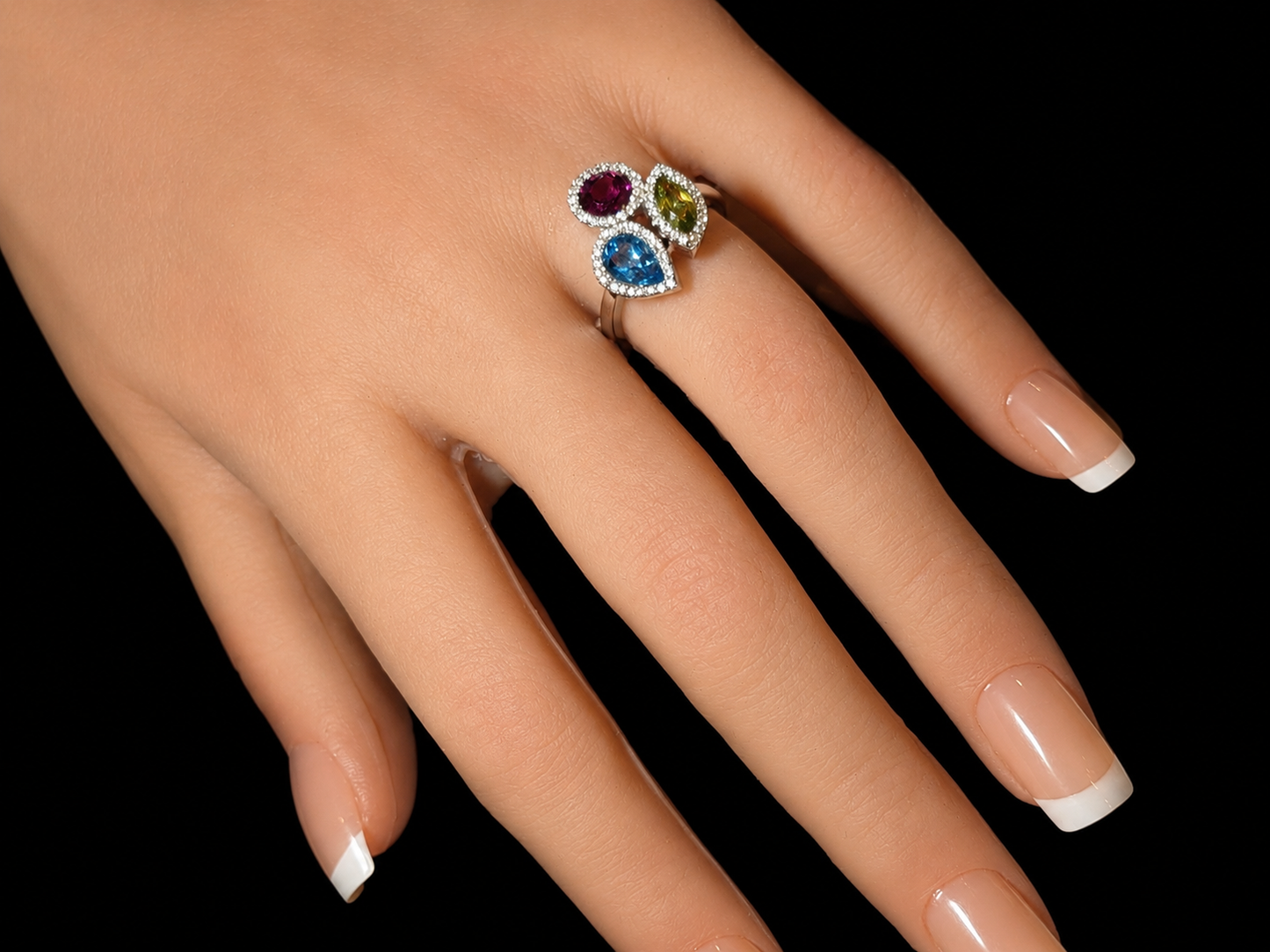 18K White Gold Peridot, Pink Tourmaline &amp; Blue Topaz Diamond Trilogy Ring