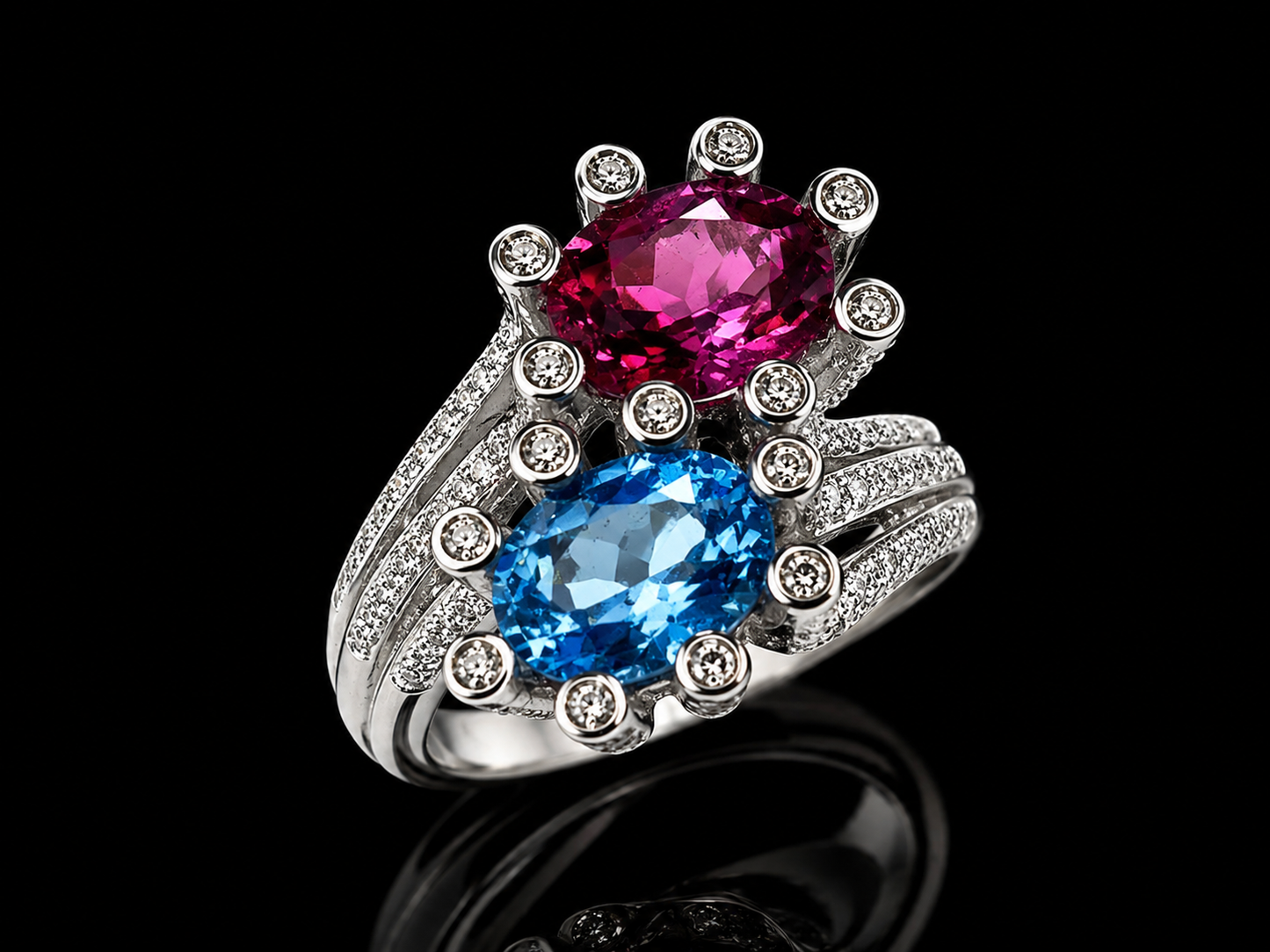 18K White Gold Toi et Moi Pink Tourmaline & Blue Topaz Ring