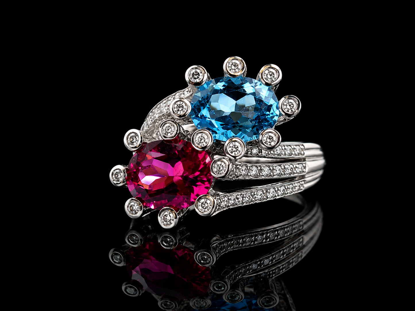 18K White Gold Toi et Moi Pink Tourmaline & Blue Topaz Ring