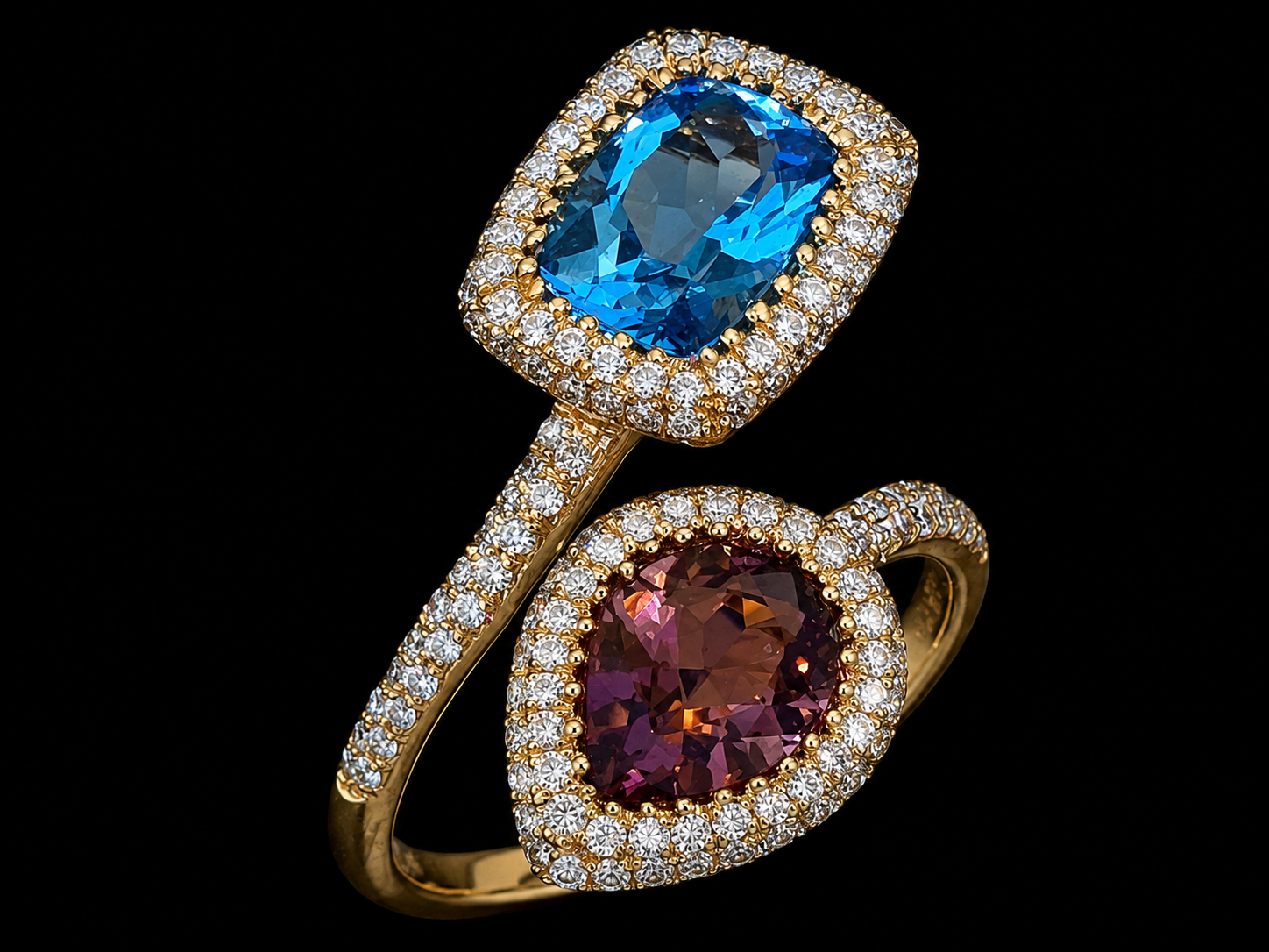 18K Rose Gold Diamond, Pink Tourmaline &amp; Blue Topaz Toi et Moi Ring Angelica Jewellers