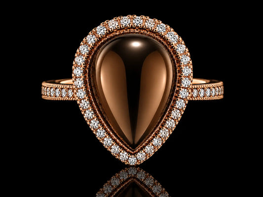 18K Rose Gold Smoky Topaz Cabochon &amp; Diamond Halo Ring Angelica Jewellers