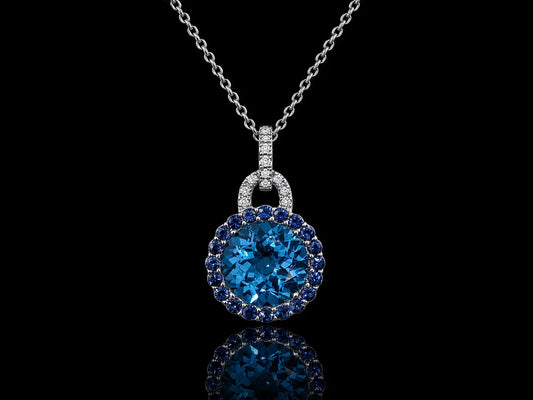 14K White Gold Blue Topaz &amp; Diamond Halo Pendant Angelica Jewellers