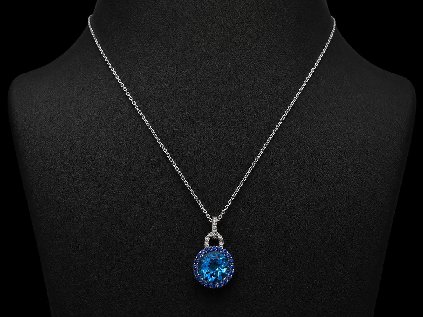 14K White Gold Blue Topaz &amp; Diamond Halo Pendant Angelica Jewellers