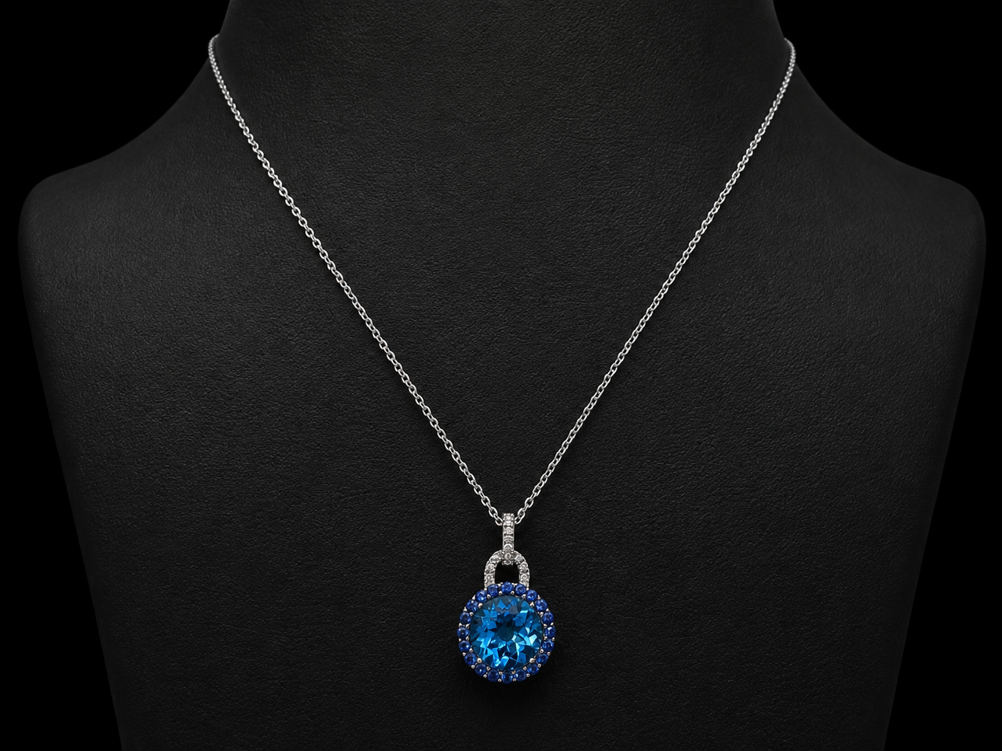 14K White Gold Blue Topaz &amp; Diamond Halo Pendant Angelica Jewellers