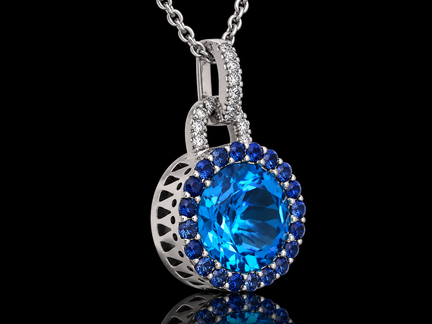 14K White Gold Blue Topaz &amp; Diamond Halo Pendant Angelica Jewellers