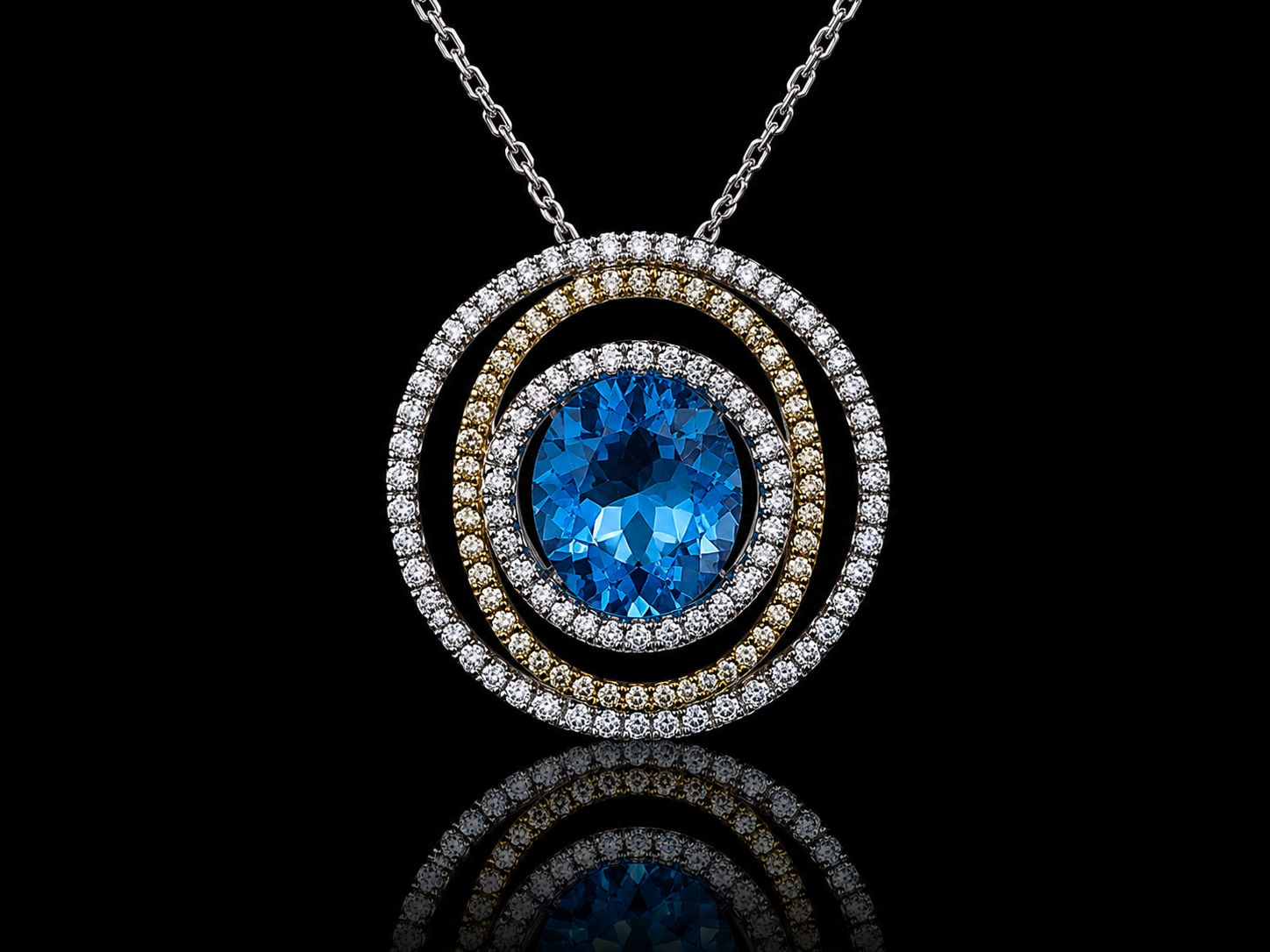 14K White Gold Blue Topaz &amp; Diamond Double Halo Pendant (Copy) Angelica Jewellers