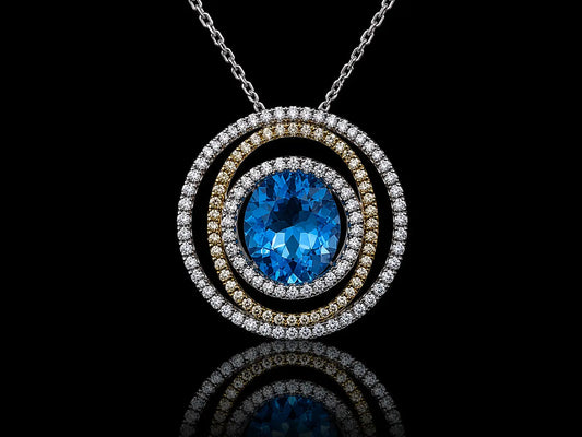 18K White Gold Blue Topaz Triple Halo Pendant Necklace Angelica Jewellers