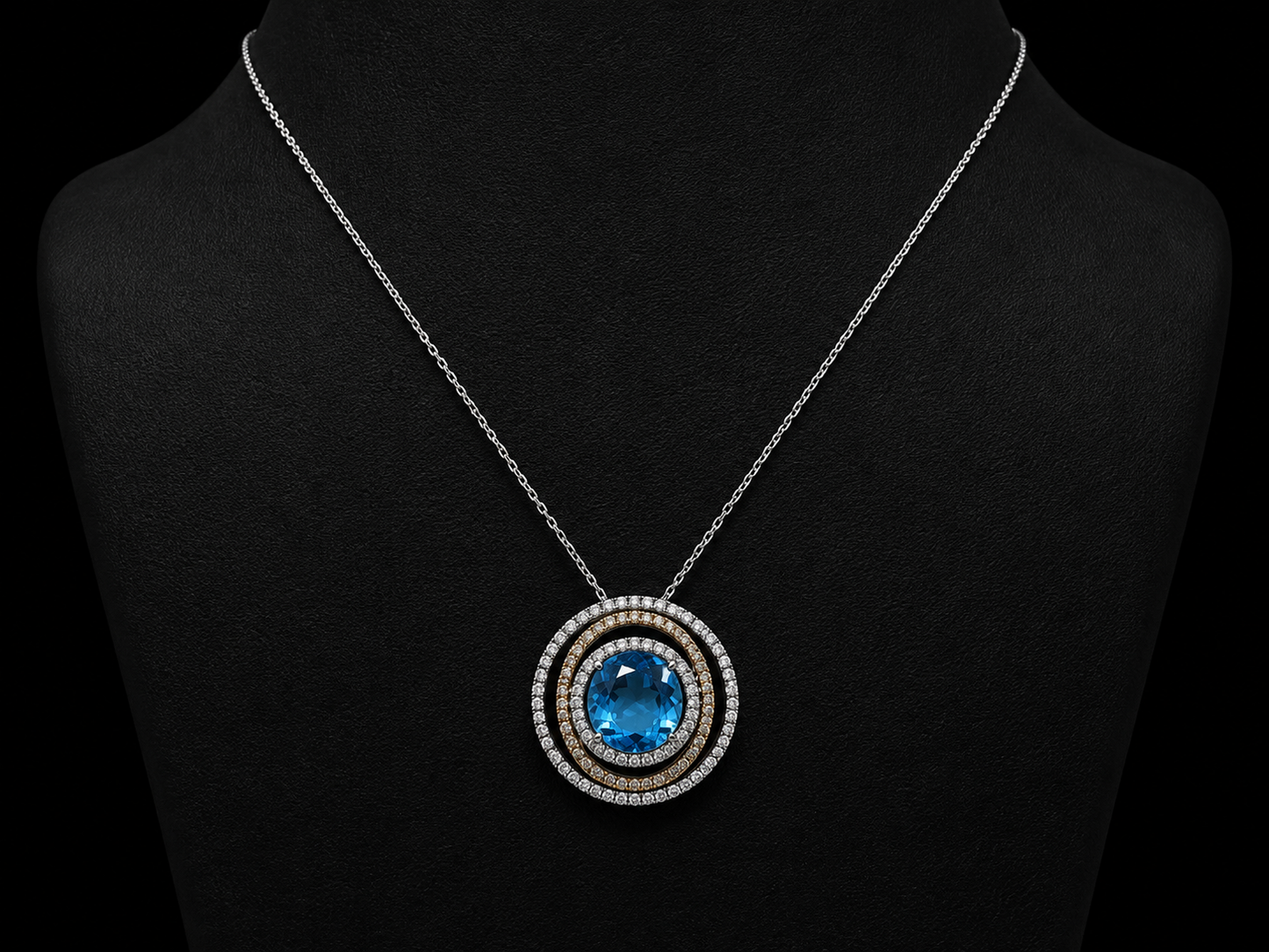 14K White Gold Blue Topaz &amp; Diamond Double Halo Pendant (Copy) Angelica Jewellers