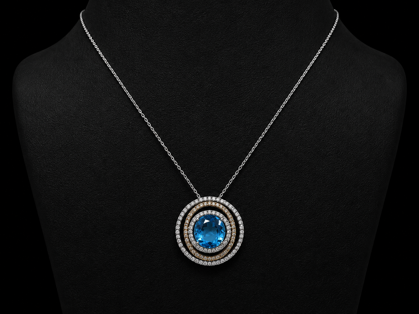 14K White Gold Blue Topaz &amp; Diamond Double Halo Pendant (Copy) Angelica Jewellers